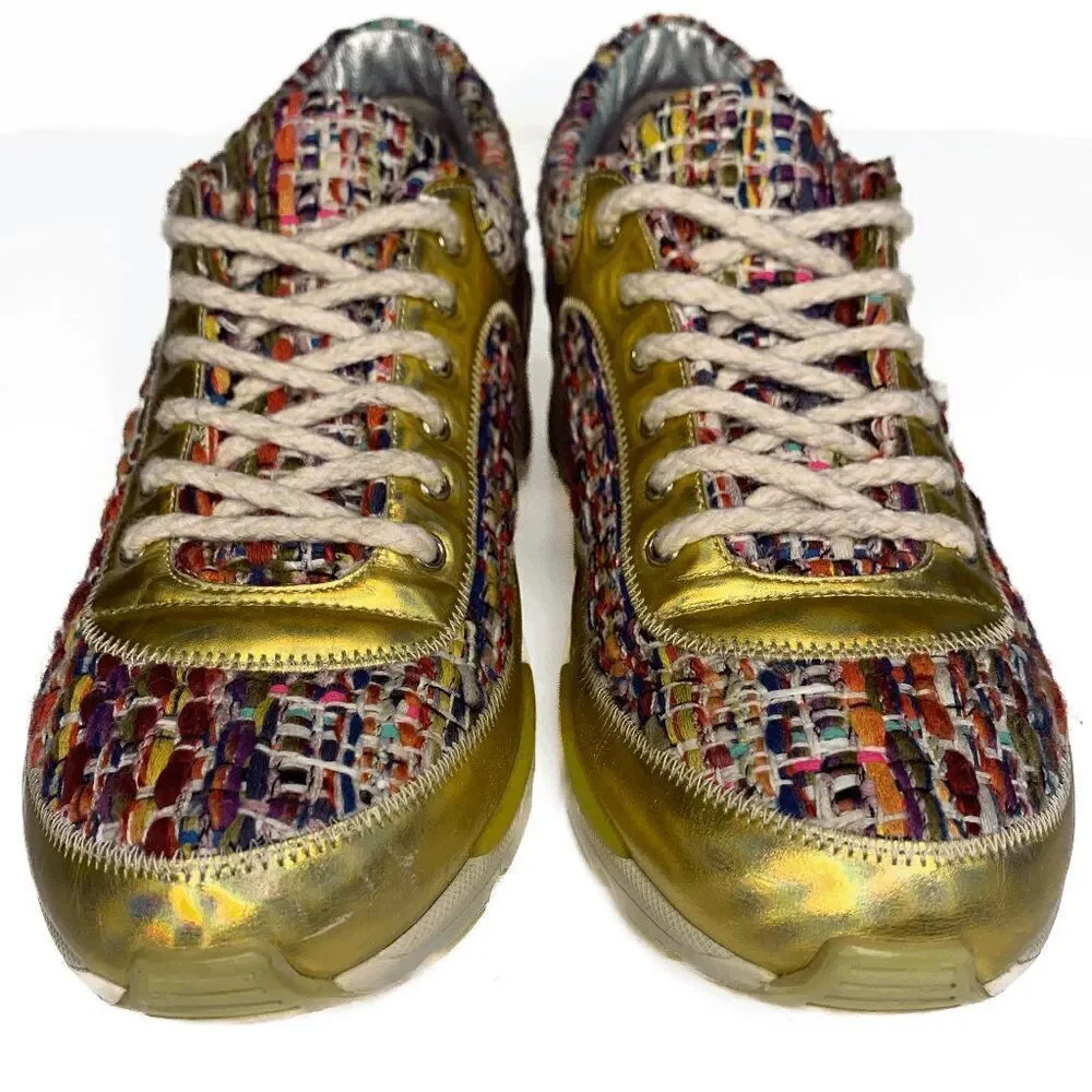 Chanel CC Logo Tweed Rainbow Metallic Gold Multi Sneakers EU 36.5 Lace Up Shoes